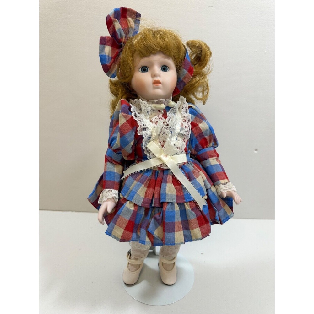 Dynasty Doll‎ Collection "Angela" 13" Porcelain Doll in Red & Blue Check Dress